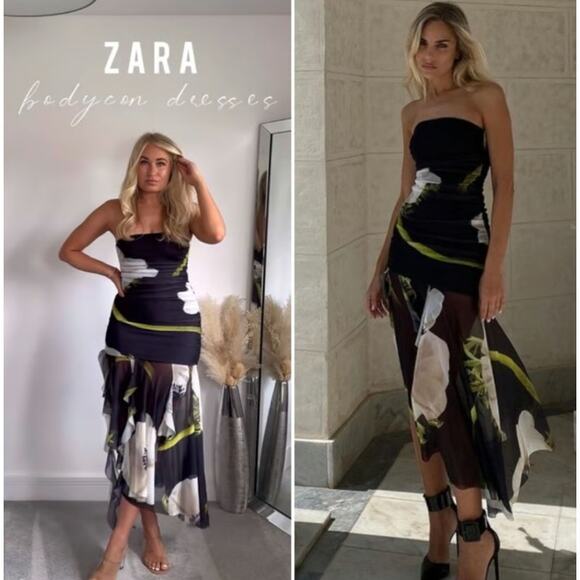 ZARA Strapless Midi Dress Floral Print Tulle Ruched Y2k Style Maxi Blogger Fav - Picture 3 of 15